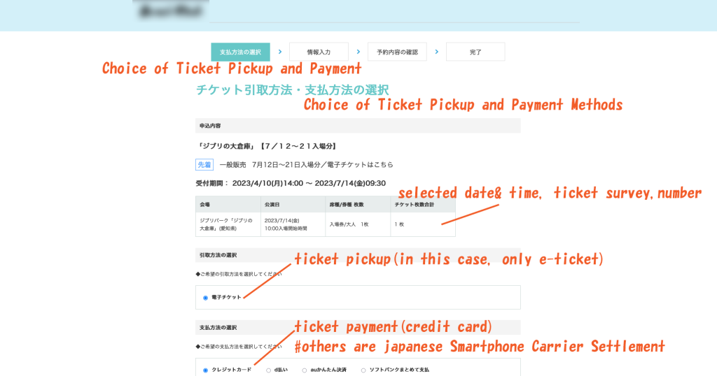 Ticket selection and payment method confirmation screen